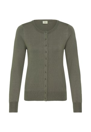 Maslinasto zelena kardigan dugih rukava s patentnim zatvaračem i okruglim izrezom, rebrasti rukavi i rub, prednji pogled.