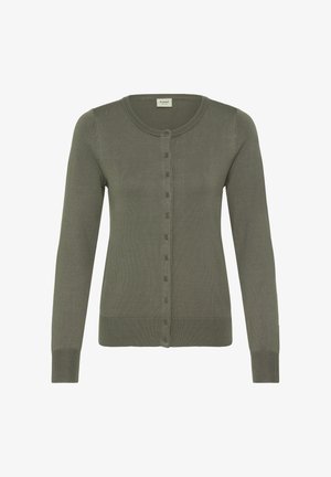 Maslinasto zelena kardigan dugih rukava s patentnim zatvaračem i okruglim izrezom, rebrasti rukavi i rub, prednji pogled.