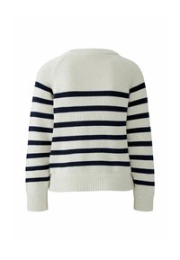 Baumwollpullover mit cremefarbener Basis und navyblauen horizontalen Streifen, mit Rundhalsausschnitt sowie gerippten Bündchen und Saum für Struktur.