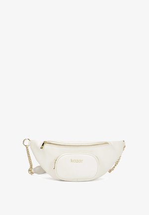 Valge nahkne vöökott tekstuuriga viimistlusega, millel on esiküljel lukuga tasku, kuldne riistvara ja dekoratiivne ahelast rihm.