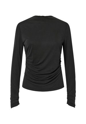 Musta pitkähiha Tunika, jossa on pyöreä pääntie, varustettu kerättyillä sivuilla ja sileällä pinnalla. Yksinkertainen malli ilman metalliosia tai koristeita.