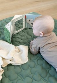 Pehmeast kangast tegevusraamatust, millel on lehma kujundus, peegel ja tekstuursed aktsendid roheline, beež ja pastellvärvides, quiltitud rohelisel mattel.
