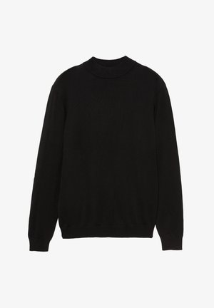 Fekete kötött pulóver magas nyakkal, hosszú ujjakkal, bordázott mandzsettával és szegéllyel; sima textúrájú, klasszikus szabású, egyszínű dizájn.
