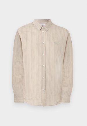 Beige long-sleeve button-up shirt with thin vertical stripes and subtle embroidered text on the left chest.