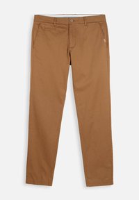 Pantalons en coton brun avec jambes droites, poches avant, fermeture à bouton et détails de surpiqûre discrets sur la taille et les poches.