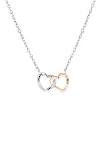 Zilveren en roségouden hart hangerketting, met in elkaar grijzende hartvormen aan een delicate zilveren ketting. Glad, gepolijst afwerking.