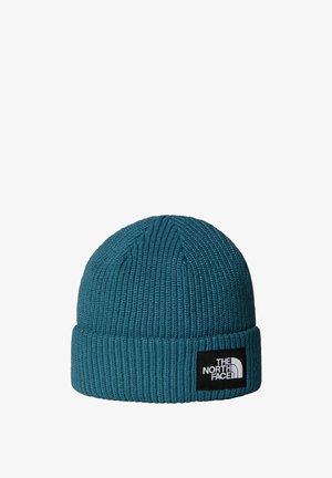 Beanie lavorato a maglia teal con texture a coste e risvolto, dotato di un patch logo nero che riporta la scritta "The North Face" in bianco.