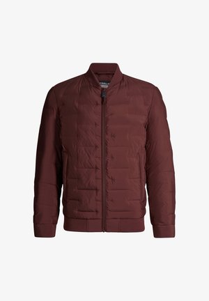 Gepolsterte Herren-Bomberjacke in Dunkelbraun mit Frontreißverschluss, geripptem Kragen, Bündchen und Saum sowie Seitentaschen.