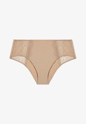 Beige underwear with lace side panels, featuring a smooth fabric body and elastic waistband. Mid-rise design with minimal stitching details.
