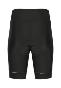 Sorte polstrede cykelshorts med høj talje og reflekterende striber nær benenderne, designet for komfort og synlighed.