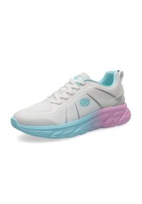 White athletic shoe with a textured upper, features light blue and pink gradient outsole, circular logo, and grey accent stripes.