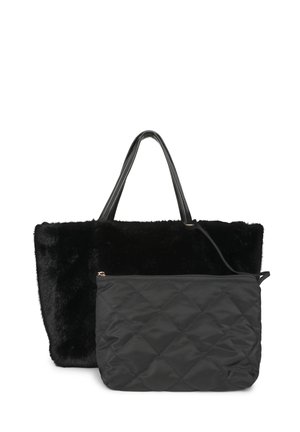 Grande borsa tote nera in pelliccia sintetica con due manici e una pochette più piccola trapuntata con zip davanti.