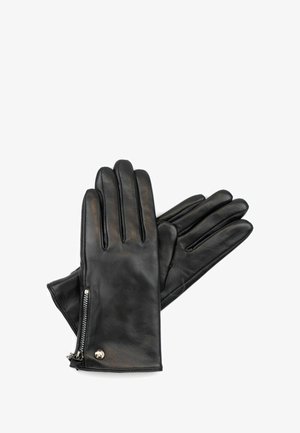 Schwarze Lederhandschuhe mit glatter Oberfläche, die über drei Nähte an jedem Finger und ein seitliches Reißverschlussdetail mit metallischem Akzent verfügen.