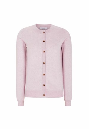 Cárdigan rosa claro hecho de una tela suave. Presenta un escote redondo, mangas largas y ocho botones de madera en la parte delantera.