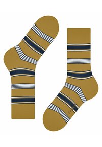 Gelbe Socken mit blauen und weißen Streifen, verfügen über eine gerippte Textur, verstärkte Fersen- und Zehenbereiche und Markenbeschriftung auf der Sohle.