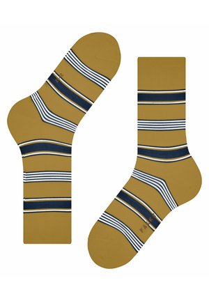Gelbe Socken mit blauen und weißen Streifen, verfügen über eine gerippte Textur, verstärkte Fersen- und Zehenbereiche und Markenbeschriftung auf der Sohle.