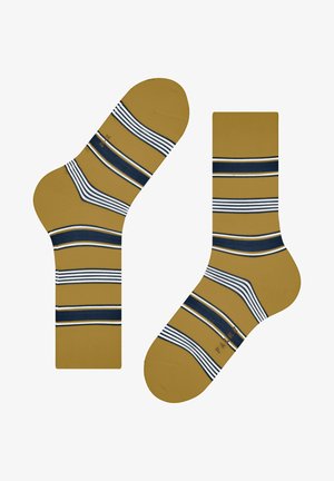 Gelbe Socken mit blauen und weißen Streifen, verfügen über eine gerippte Textur, verstärkte Fersen- und Zehenbereiche und Markenbeschriftung auf der Sohle.