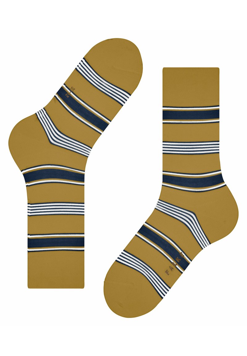 Gelbe Socken mit blauen und weißen Streifen, verfügen über eine gerippte Textur, verstärkte Fersen- und Zehenbereiche und Markenbeschriftung auf der Sohle.