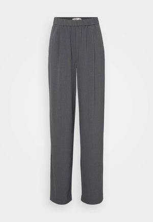 Harmaat, laskostetut leveät housut, joissa on elastinen vyötärö. Valmistettu sileästä kankaasta. Ominaisuuksiin kuuluu puhdas muotoilu ilman näkyviä kiinnityksiä.