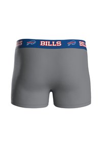 Boxer grigi con cinturino elastico blu con la scritta "BILLS" e un logo, texture liscia, design aderente e lunghezza a metà coscia.