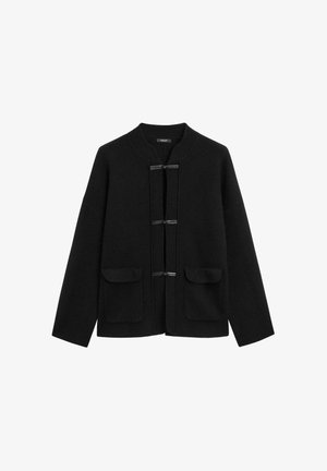 Black wool blend jacket with a round neckline, front closure featuring toggle hardware, and two front pockets with flap detail.