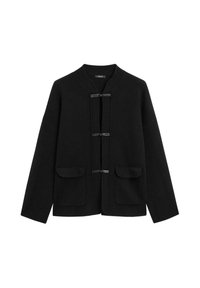 Schwarze Wollmischungjacke mit Rundhalsausschnitt, Frontverschluss mit Toggle-Beschlägen und zwei vorderen Taschen mit Klappendetails.