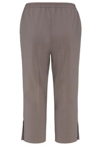 Graue Cropped-Hosen mit einem elastischen Bund, seitlichen Taschen und Schlitzen am Saum, hergestellt aus glattem, leichtem Stoff.