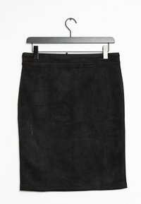 Black suede skirt displayed on a black hanger. Fitted design with a smooth texture and a straight silhouette. No visible patterns or embellishments.
