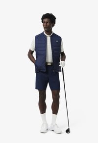 Gilet imbottito blu sopra una polo bianca a fantasia, abbinato a pantaloni corti blu. Scarpe da tennis e una mazza da golf completano il look sportivo.