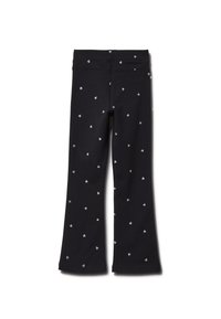 Zwarte legging met een uitlopende vorm, gemaakt van zacht katoen, voorzien van een verspreid patroon van lichtblauwe hartjes. Elastische tailleband.