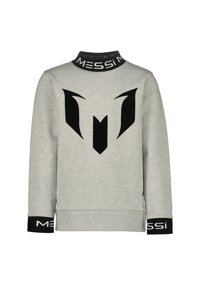 Sweatshirt gris avec logo noir sur le devant. Présente des accents noirs au niveau de l'encolure et des poignets avec le texte "MESSI". Tissu doux et tricoté.