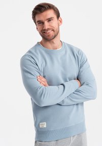 Felpa blu chiaro realizzata in morbido tessuto misto cotone. Presenta un collo tondo, maniche lunghe, polsini a coste e un piccolo etichetta sull'orlo.