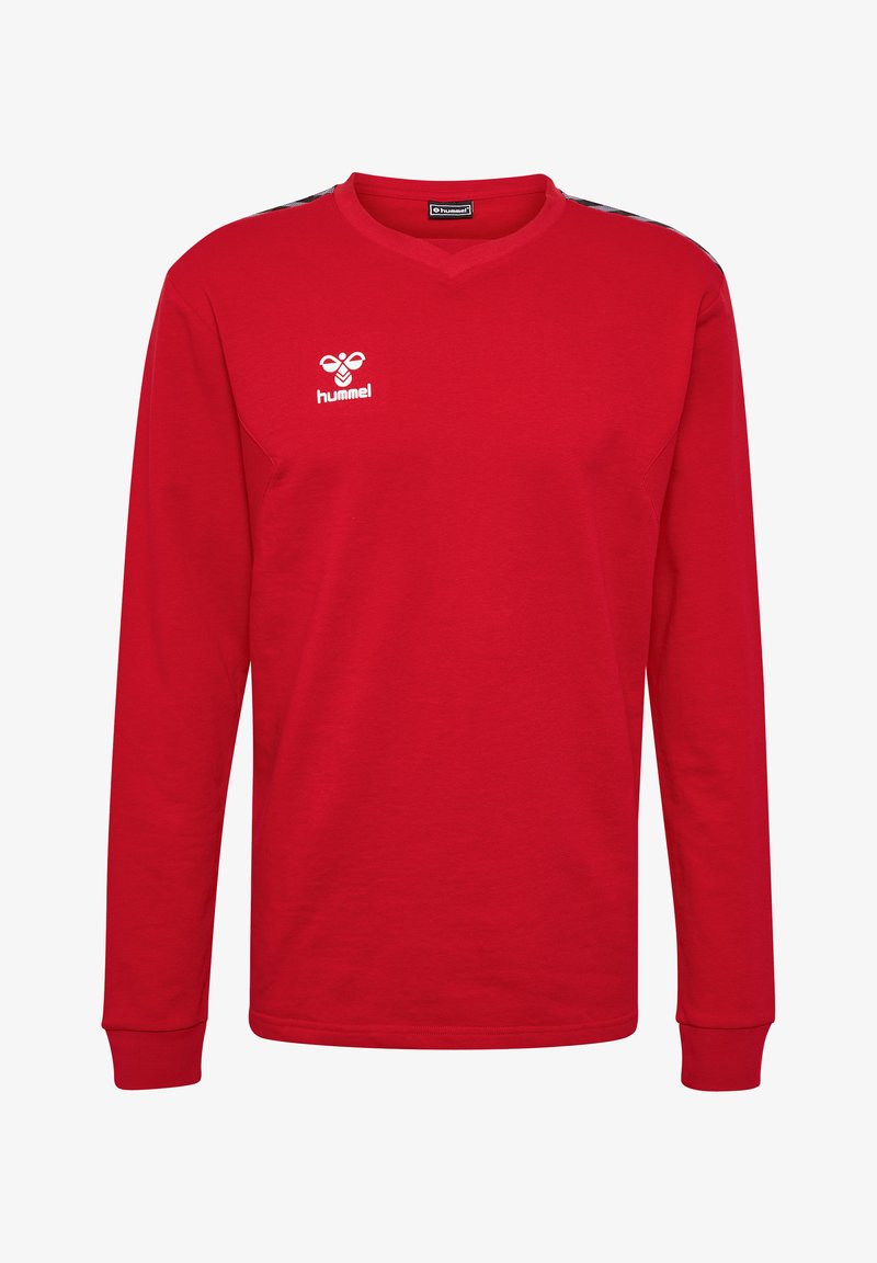 Rotes Langarmshirt aus Baumwolle mit V-Ausschnitt, gerippten Bündchen und schwarzen Akzenten an den Schultern sowie einem weißen Logo.