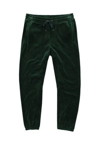 Gröna velourjoggingbyxor med elastisk midja, dragsko och manschetter vid anklarna. Två sidofickor ingår.