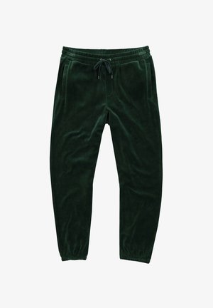 Grüne Velours-Jogginghosen mit elastischem Bund, Kordelzugverschluss und gerippten Knöcheln. Zwei Seitentaschen sind enthalten.