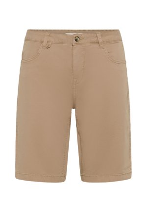 Shorts beige mi-genoux avec passants pour ceinture, fermeture à boutons devant, deux poches avant, et coutures visibles sur un tissu léger.