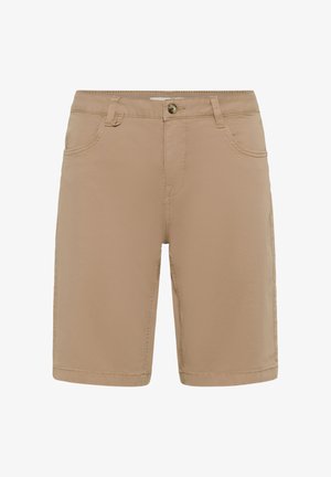 Shorts beige mi-genoux avec passants pour ceinture, fermeture à boutons devant, deux poches avant, et coutures visibles sur un tissu léger.