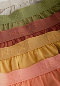 Rugalmas derékpántos fehérnemű készlet bézs, zöld, olíva, rozsdabarna, mustár és rózsaszín színekben, a pántokra a "NEXT" felirat van nyomva. Puha anyagú textúra.