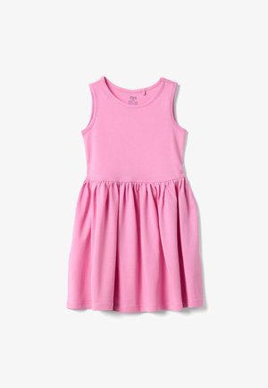 Vestido sin mangas de algodón rosa para niños con cintura fruncida y escote redondo, etiquetado como OVS.