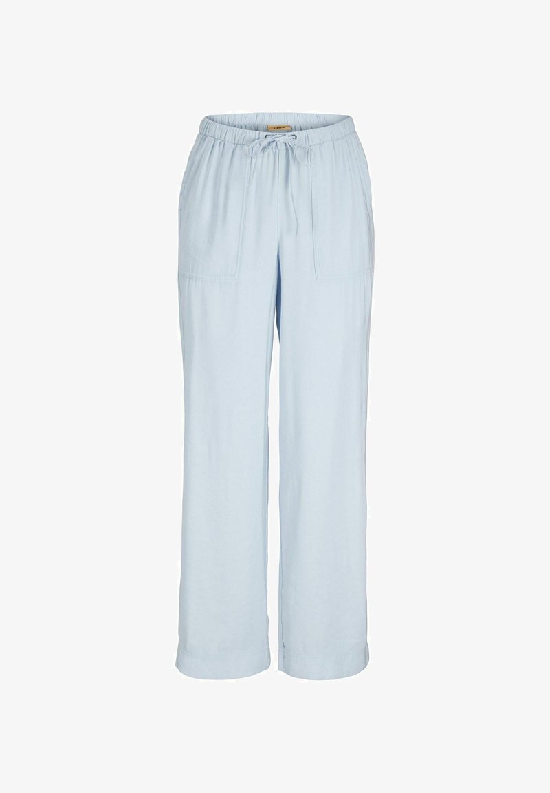 Šviesiai mėlynos platėjančios kelnės su elastinga juosmena, raišteliu ir dviem priekinėmis kišenėmis. Minkšta, lygi medžiaga su laisvu siluetu.