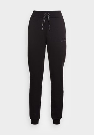 Pantalon de jogging noir Armani Exchange avec taille à cordon satinée, poignets élastiques et petit logo sur la partie supérieure de la cuisse.