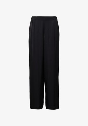 Schwarzweite Hosen mit elastischem Bund, aus einem glatten, leichten Stoff. Sie bieten eine lockere Passform und einen geraden Saum.