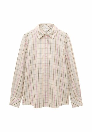 Ilgų rankovių marškiniai su sagomis, su smailiu apykaklės dizainu, kremine baze ir daugiaspalviais vertikaliais ir horizontaliais languotais raštais rudos, rožinės ir mėlynos spalvomis.