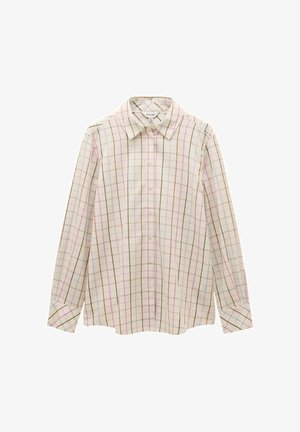 Camicia a maniche lunghe con colletto a punta, base crema, e righe a quadri verticali e orizzontali multicolori in marrone, rosa e blu.
