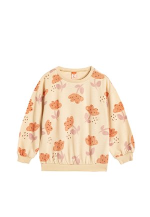 Cremfarbener Baumwollpullover mit floralen Mustern in Pfirsich- und Fliedertönen. Mit geripptem Halsauschnitt und Bündchen, lockerer Passform und gerafftem Saum.