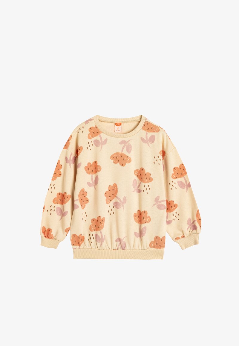 Sudadera de algodón color crema con un estampado floral en tonos melocotón y lila. Cuello y puños de canalé, con un corte holgado y dobladillo fruncido.