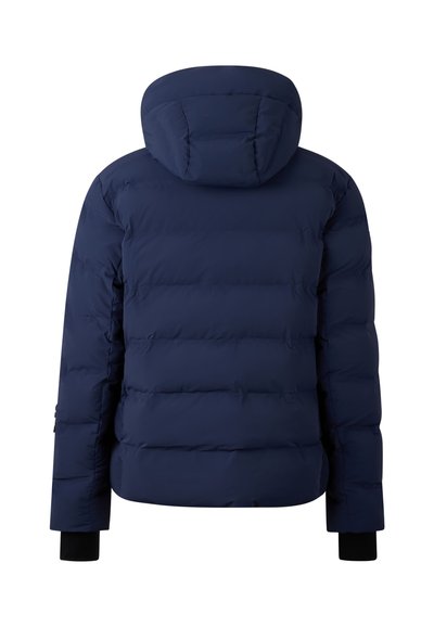 Navy blue puffer jacket with a detachable hood, stitched detail, and elastic cuffs; smooth texture, lightweight insulation, casual design.