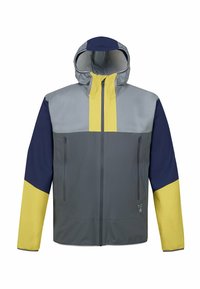Herrejakke med hætte, lynlås og farveblokdesign i grå, marineblå og gul. Lavet af letvægts, vejrbestandigt materiale.