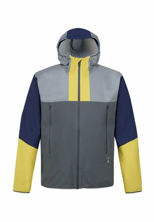 Men's jacket featuring a hood, zip closure, and color-block design in gray, navy, and yellow. Made of lightweight, weather-resistant material.