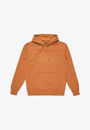 Sudadera marrón con bolsillo frontal, capucha con cordón y sutil logo de Quiksilver en el centro. Tejido suave con puños y dobladillo acanalados.